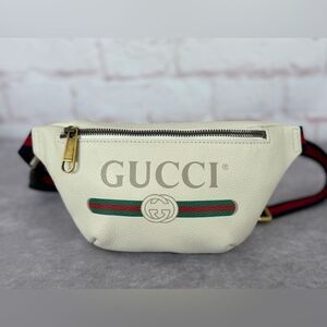 Authentic Gucci Small Logo Print White Leather Fanny Waist Belt Bag